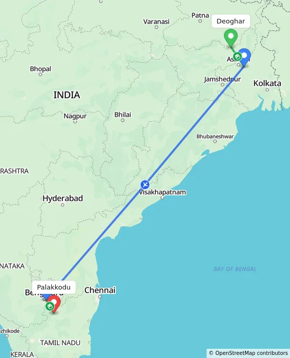 Route map showing distance and travel time from Deoghar, India to Palakkodu, India