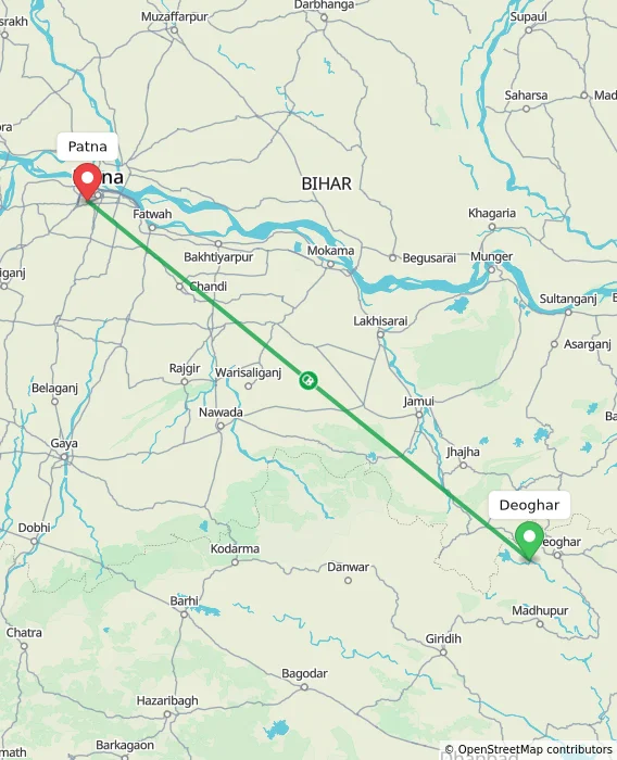 Route map showing distance and travel time from Deoghar, India to Patna, India
