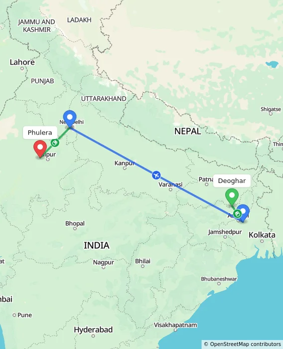 Route map showing distance and travel time from Deoghar, India to Phulera, India