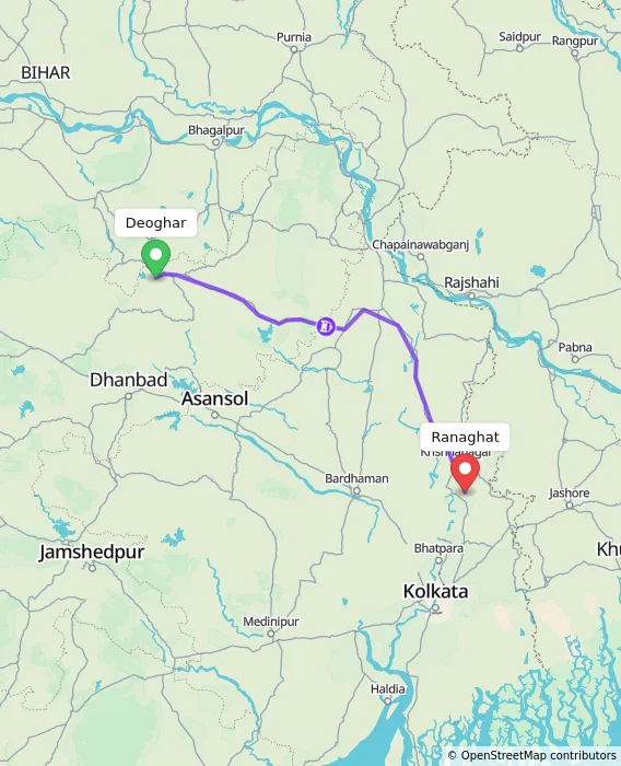 Route map showing distance and travel time from Deoghar, India to Ranaghat, India