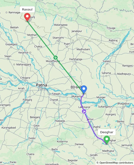 Route map showing distance and travel time from Deoghar, India to Raxaul, India