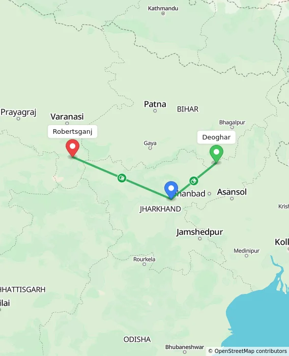 Route map showing distance and travel time from Deoghar, India to Robertsganj, India