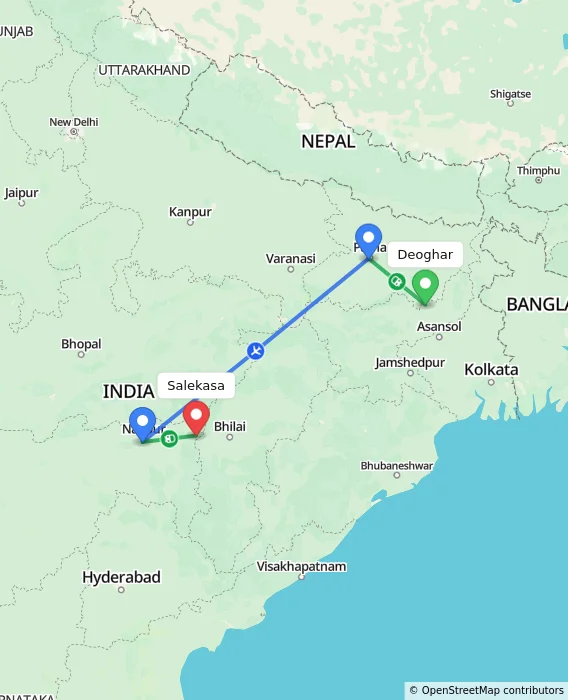Route map showing distance and travel time from Deoghar, India to Salekasa, India