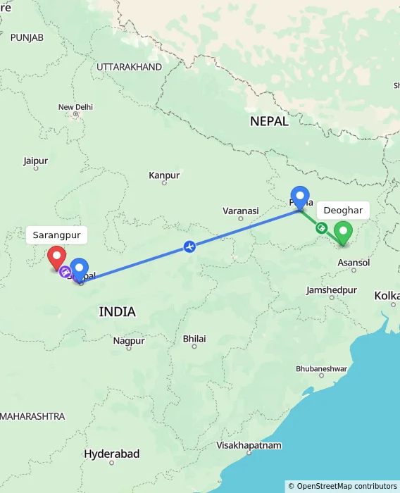 Route map showing distance and travel time from Deoghar, India to Sarangpur, India