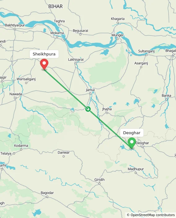 Route map showing distance and travel time from Deoghar, India to Sheikhpura, India