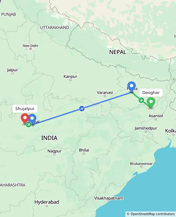 Route map showing distance and travel time from Deoghar, India to Shujalpur, India