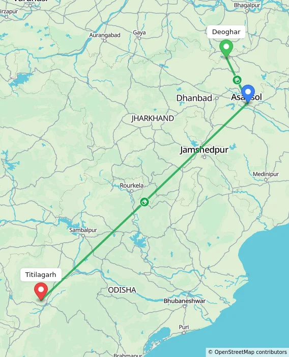 Route map showing distance and travel time from Deoghar, India to Titilagarh, India