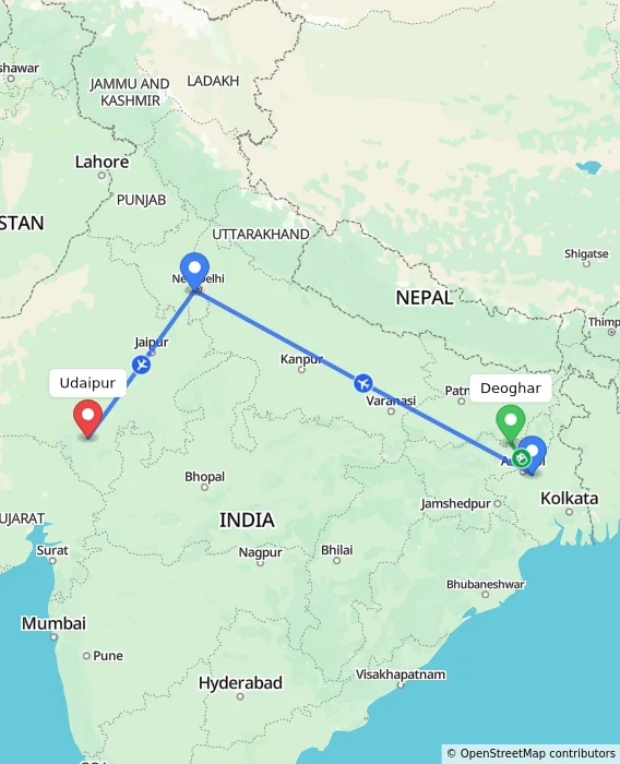 Route map showing distance and travel time from Deoghar, India to Udaipur, India