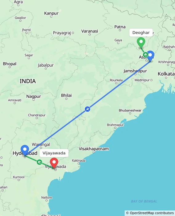 Route map showing distance and travel time from Deoghar, India to Vijayawada, India
