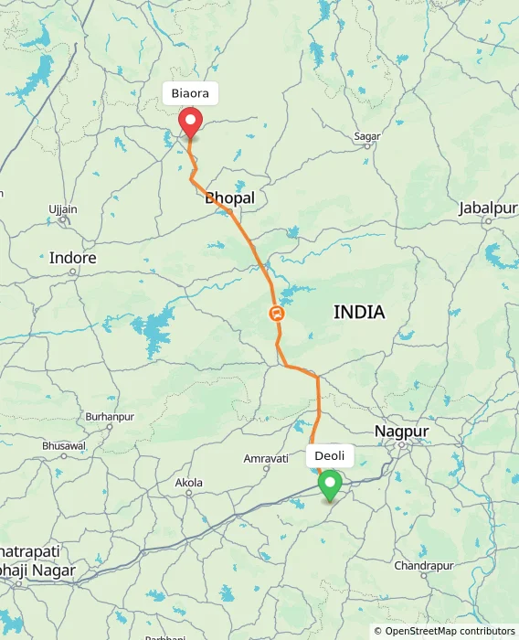 Route map showing distance and travel time from Deoli, India to Biaora, India