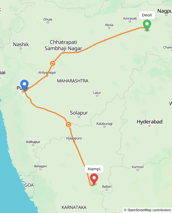 Route map showing distance and travel time from Deoli, India to Hampi, India