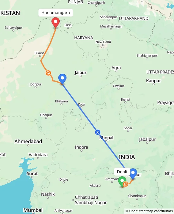 Route map showing distance and travel time from Deoli, India to Hanumangarh, India