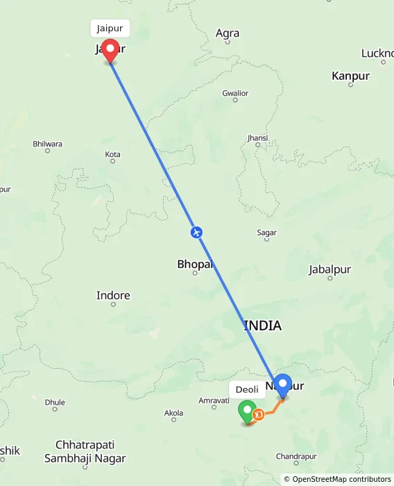 Route map showing distance and travel time from Deoli, India to Jaipur, India