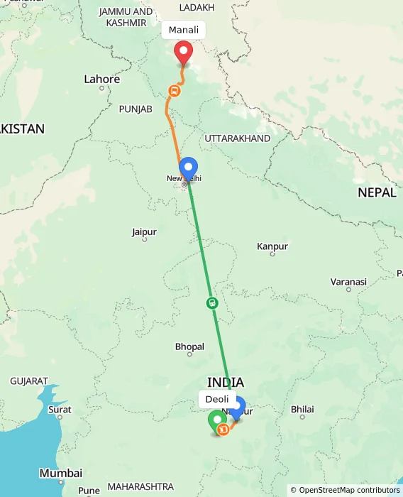 Route map showing distance and travel time from Deoli, India to Manali, India