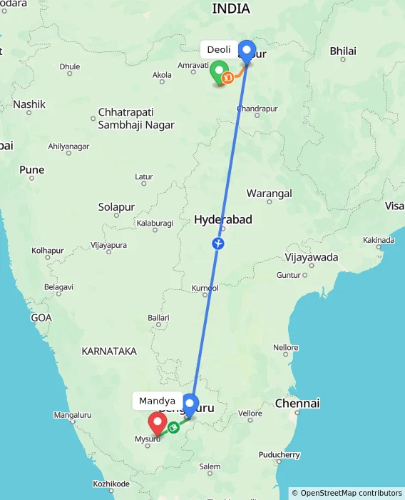 Route map showing distance and travel time from Deoli, India to Mandya, India