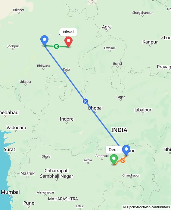 Route map showing distance and travel time from Deoli, India to Niwai, India