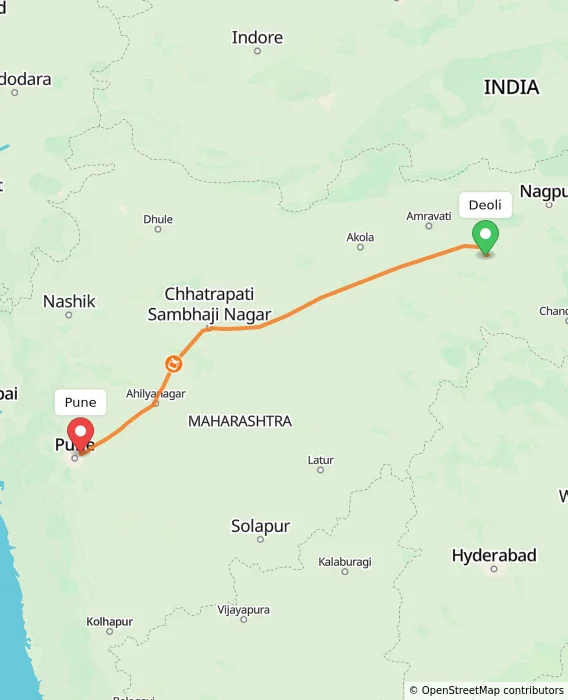 Route map showing distance and travel time from Deoli, India to Pune, India
