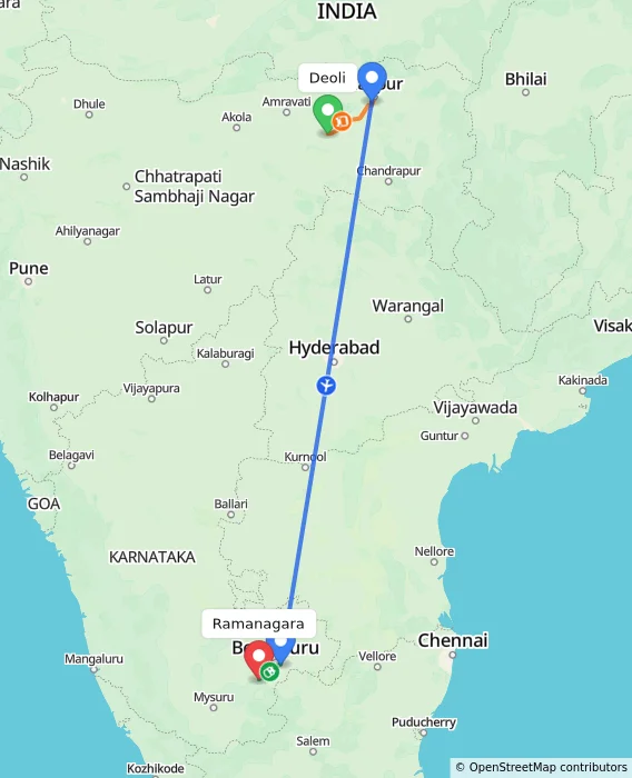 Route map showing distance and travel time from Deoli, India to Ramanagara, India