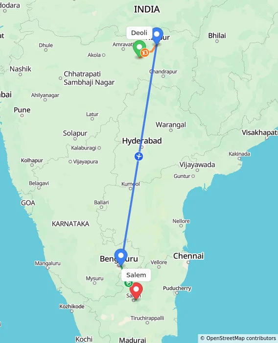 Route map showing distance and travel time from Deoli, India to Salem, India