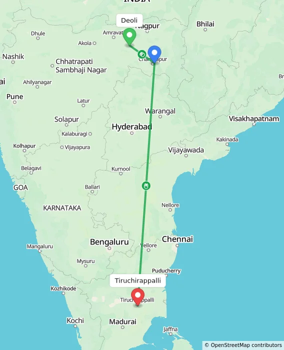 Route map showing distance and travel time from Deoli, India to Tiruchirappalli, India