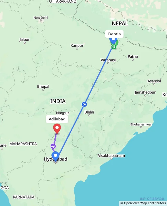 Route map showing distance and travel time from Deoria, India to Adilabad, India
