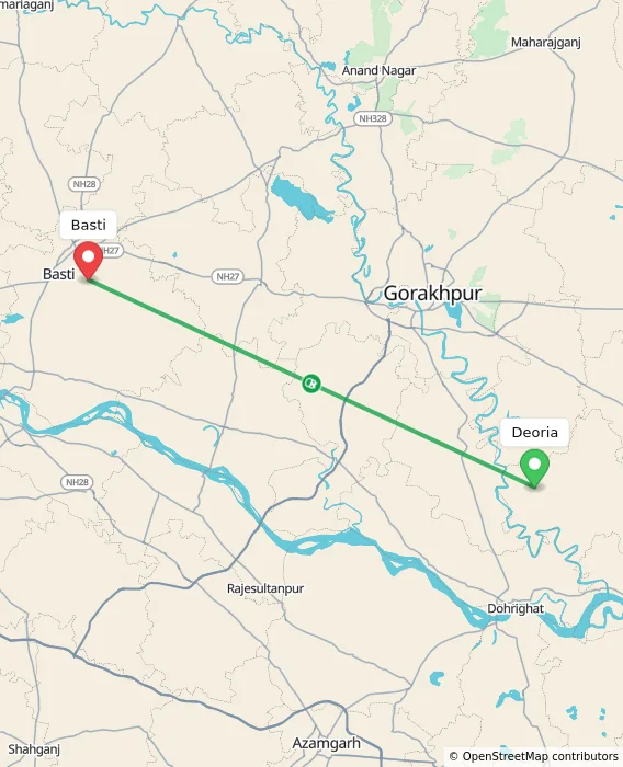 Route map showing distance and travel time from Deoria, India to Basti, India