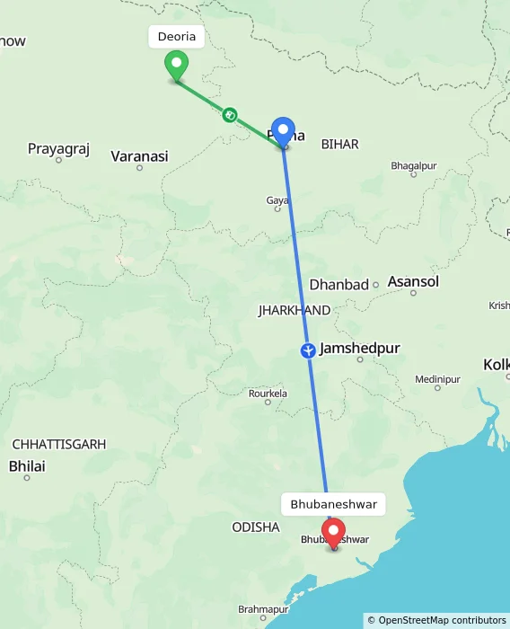 Route map showing distance and travel time from Deoria, India to Bhubaneshwar, India