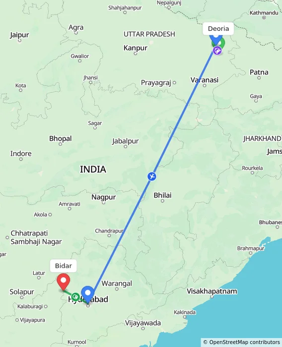 Route map showing distance and travel time from Deoria, India to Bidar, India