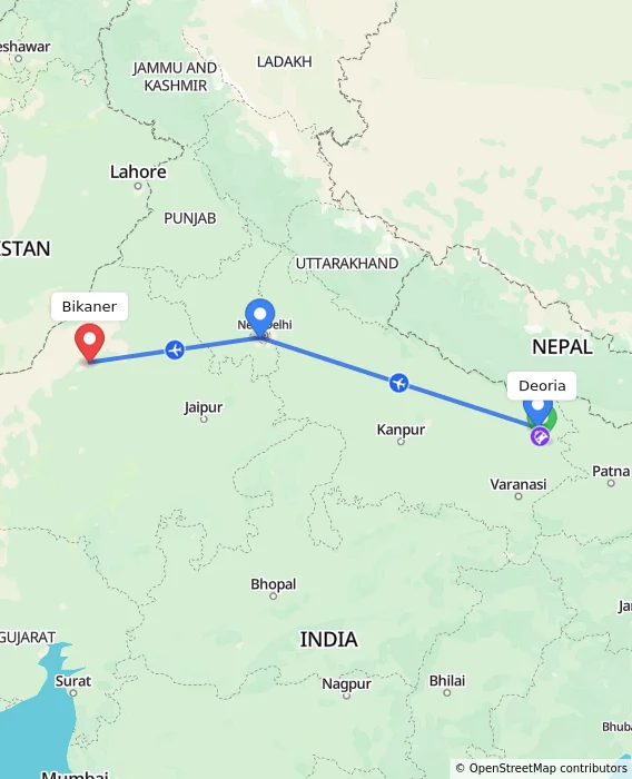 Route map showing distance and travel time from Deoria, India to Bikaner, India