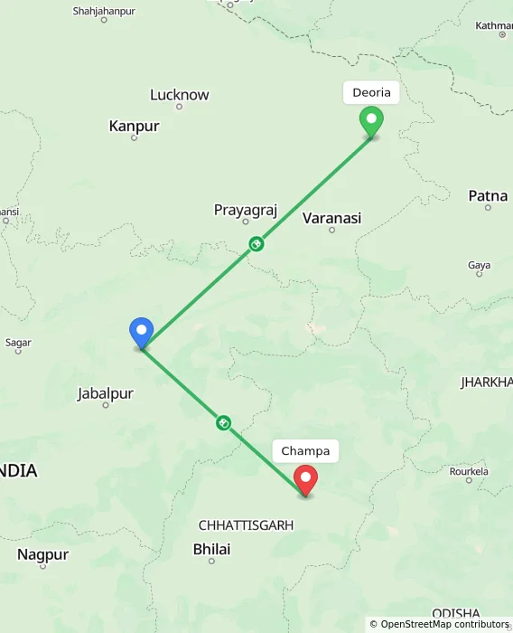 Route map showing distance and travel time from Deoria, India to Champa, India