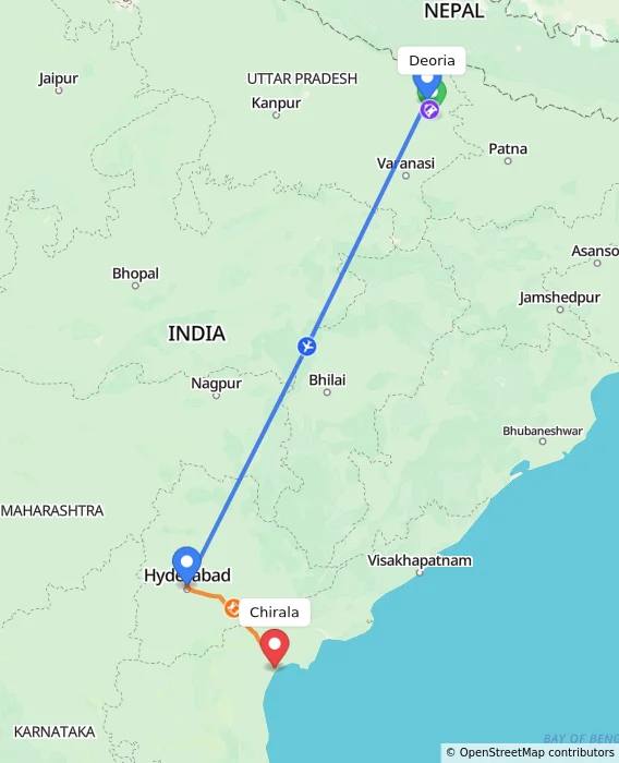 Route map showing distance and travel time from Deoria, India to Chirala, India