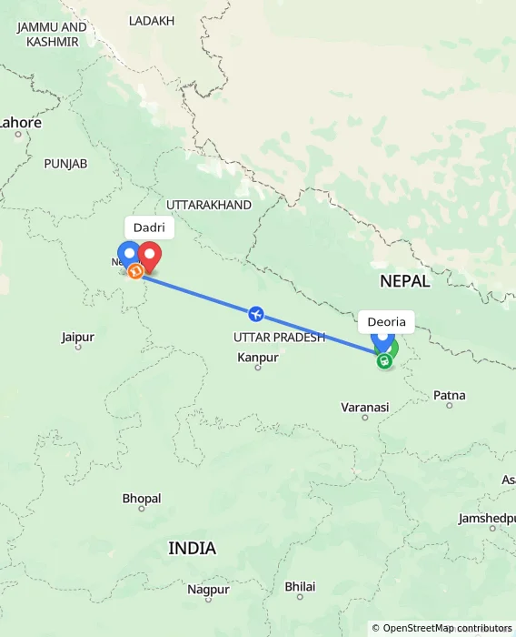 Route map showing distance and travel time from Deoria, India to Dadri, India