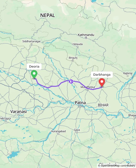 Route map showing distance and travel time from Deoria, India to Darbhanga, India