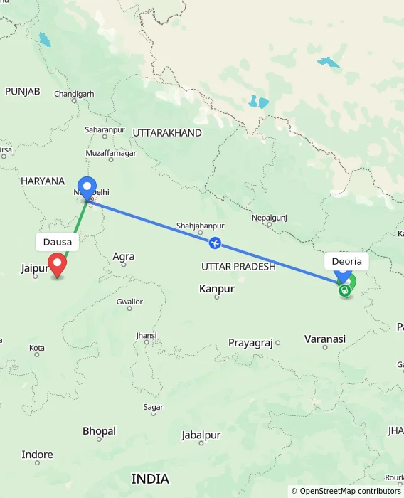 Route map showing distance and travel time from Deoria, India to Dausa, India