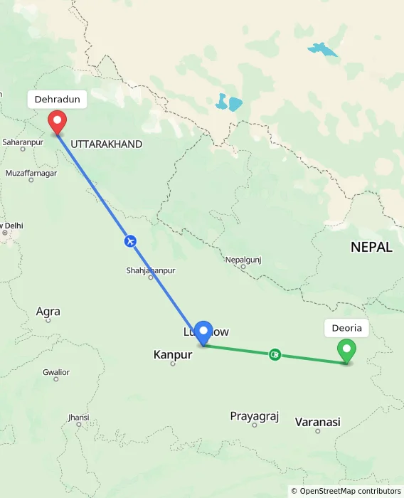 Route map showing distance and travel time from Deoria, India to Dehradun, India