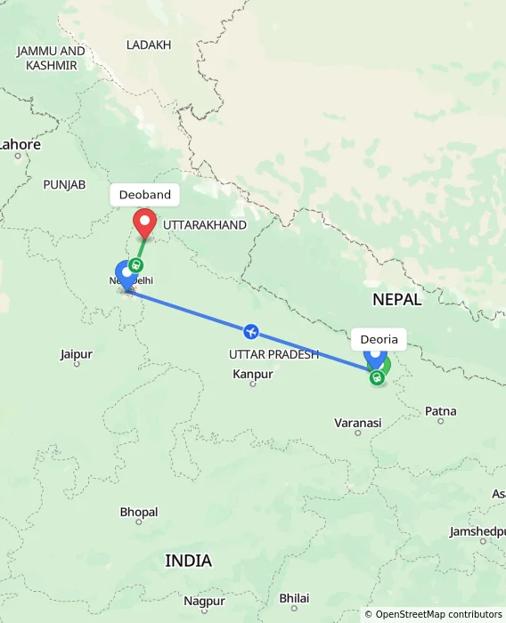 Route map showing distance and travel time from Deoria, India to Deoband, India