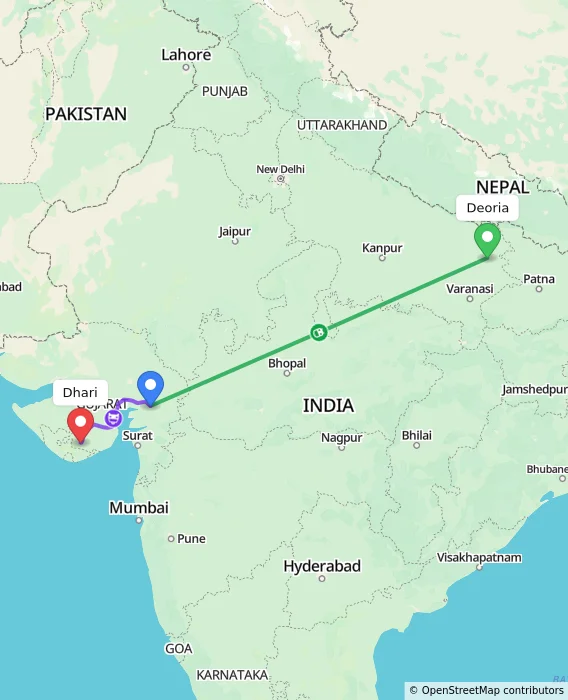 Route map showing distance and travel time from Deoria, India to Dhari, India