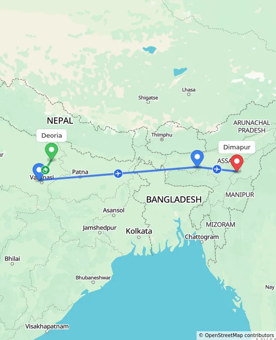 Route map showing distance and travel time from Deoria, India to Dimapur, India