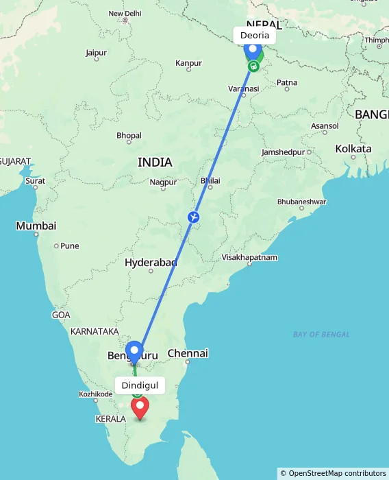 Route map showing distance and travel time from Deoria, India to Dindigul, India