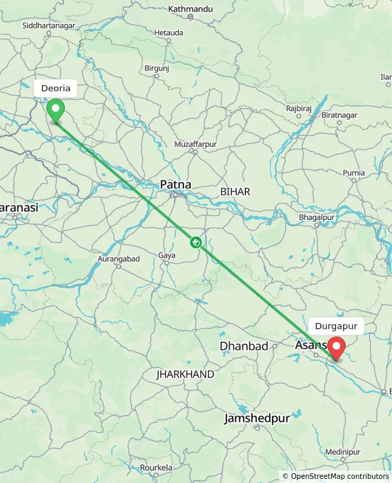 Route map showing distance and travel time from Deoria, India to Durgapur, India
