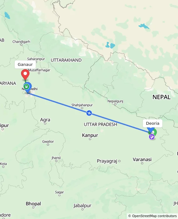 Route map showing distance and travel time from Deoria, India to Ganaur, India