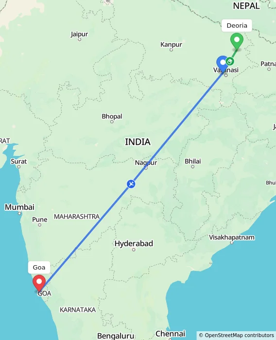 Route map showing distance and travel time from Deoria, India to Goa, India