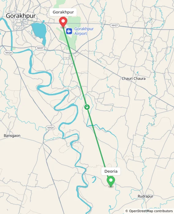 Route map showing distance and travel time from Deoria, India to Gorakhpur, India