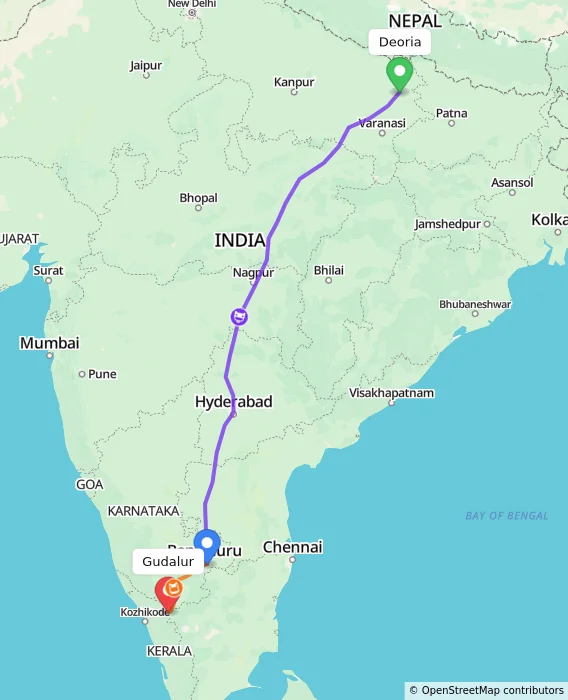 Route map showing distance and travel time from Deoria, India to Gudalur, India