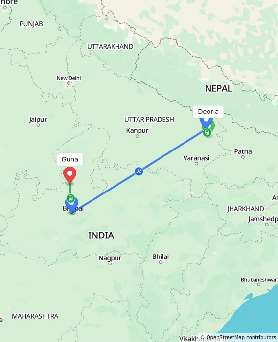 Route map showing distance and travel time from Deoria, India to Guna, India