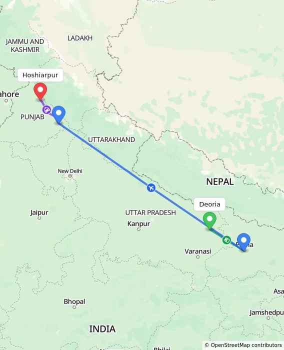 Route map showing distance and travel time from Deoria, India to Hoshiarpur, India