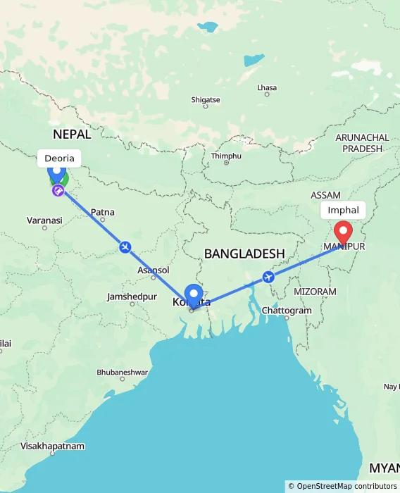 Route map showing distance and travel time from Deoria, India to Imphal, India