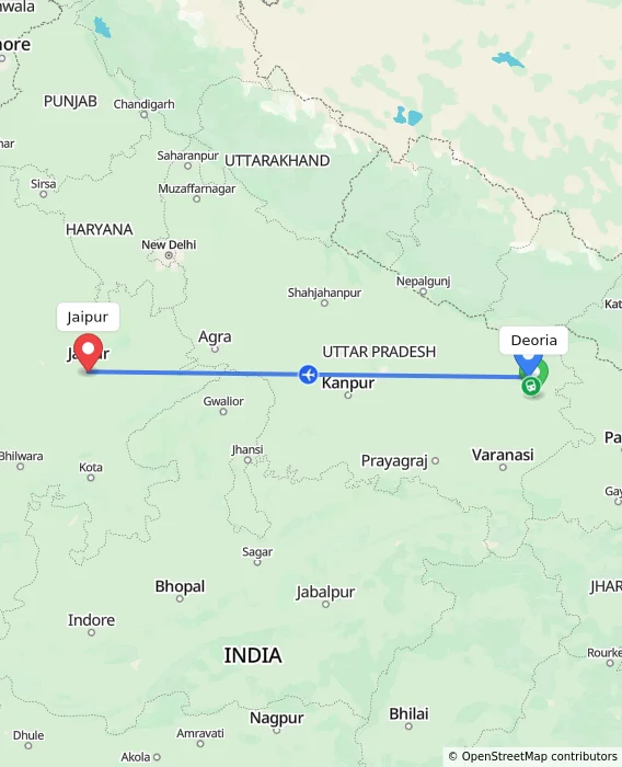 Route map showing distance and travel time from Deoria, India to Jaipur, India