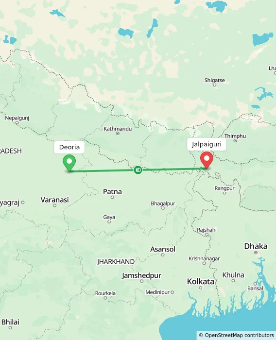 Route map showing distance and travel time from Deoria, India to Jalpaiguri, India