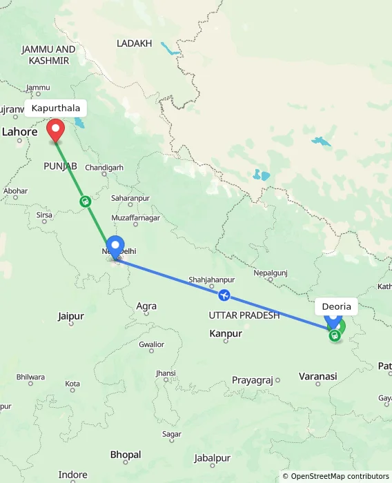 Route map showing distance and travel time from Deoria, India to Kapurthala, India